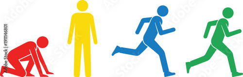 Four colored human figures in different poses stick figures colorful yellow