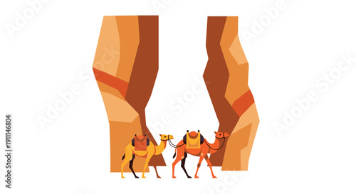Two camels with saddles on their backs walk through a narrow desert canyon with towering rock formations.