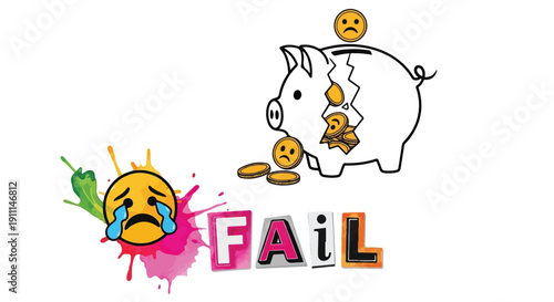 Broken Piggy Bank with Sad Emoji and FAIL Text, Concept of Financial Loss, Bankruptcy, and Failed Investment