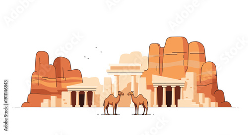 Two camels stand before ancient rock formations and carved temples in a desert landscape under a clear sky.