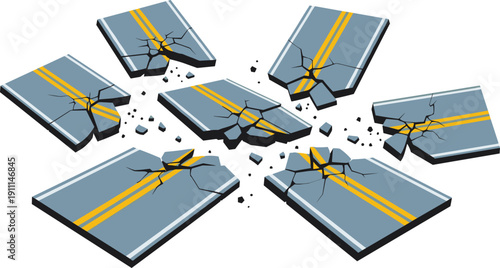 Cracked asphalt road pieces with yellow lines broken