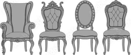 Four ornate gray chairs with curved legs and upholstery upholstered