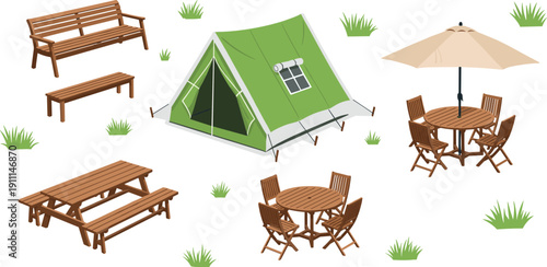 Outdoor furniture and tent on grass green tent wooden bench picnic table