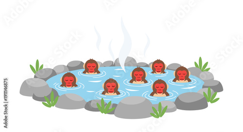 Several red-faced macaque monkeys are soaking in a small, warm hot spring pool surrounded by smooth grey rocks.