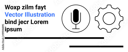 Technology, audio recording, podcasting, settings customization, digital tools, user interface design. Microphone and gear icon with text elements. Technology and audio recording concept