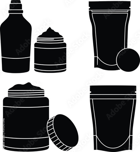 Set of black silhouettes featuring various open skincare jars with lids and flexible pouch packaging for beauty product branding and cosmetic design.