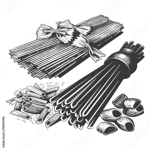 A detailed artistic illustration depicts various types of uncooked pasta shapes