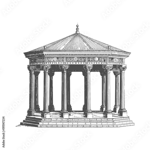 Architectural drawing showing a classic octagon shaped outdoor gazebo structure