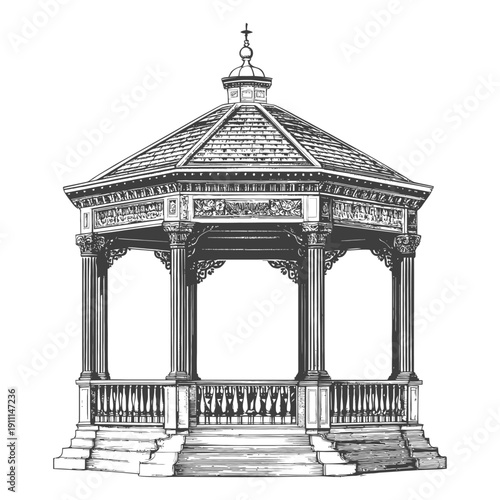 An intricately detailed black and white drawing of a gazebo