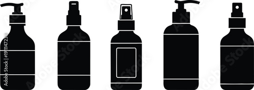 Black silhouettes of various skincare packaging including open cream jars with spatulas and flexible refill pouches with moon icons for beauty brands.