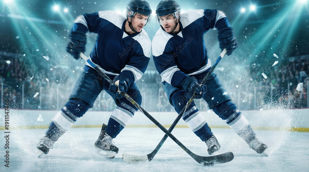 Obraz premium Two Ice Hockey Players Pivoting Aggressively on Rink with Dynamic Energy