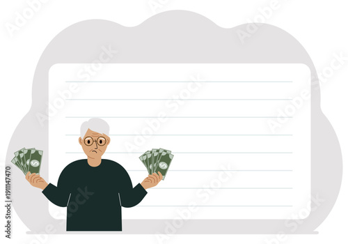 A man with banknotes in both hands. The concept of wealth. Vector