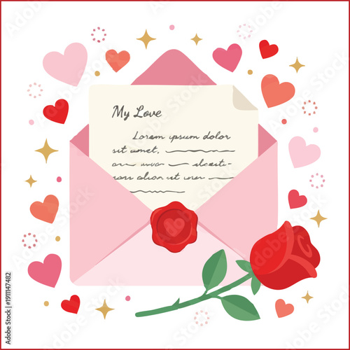 Open love letter envelope with red rose and hearts. Romantic Valentine's Day greeting card.