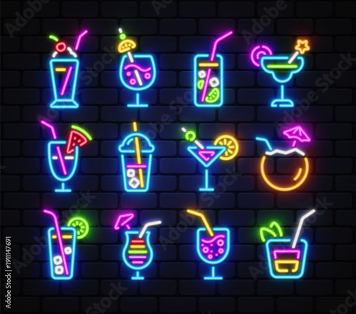 Neon vector set of cocktail icons on dark brick background, featuring colorful drinks, glasses, straws, and fruit details. Perfect for bar menus, nightlife branding and party posters.