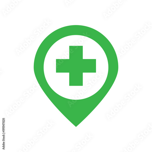 Map Marker Icon with Hospital Cross, Medical Location Pin Symbol, Healthcare Map Vector