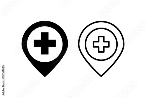 Hospital Map Pin Icon, Medical Location Marker with Cross, Healthcare Facility Vector Symbol