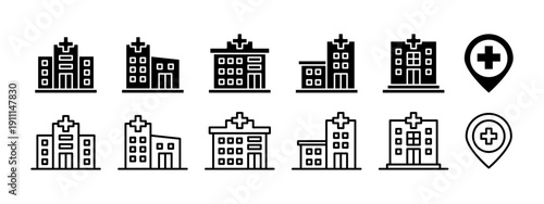 Art & Hospital Buildings Icon Set, Six Medical Facilities in Line and Filled Style, Healthcare Architecture Vector