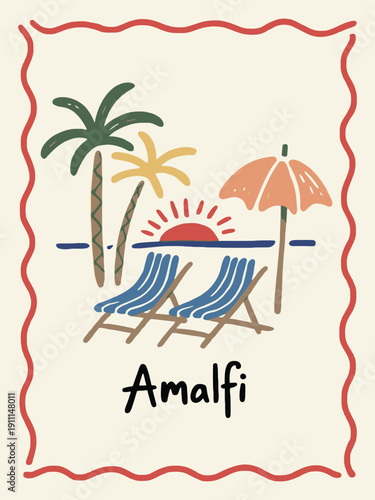 Whimsical Amalfi Coast Beach Illustration with Red Wavy Frame, Hand Drawn Sunset, Palm Trees, Striped Beach Chairs, and Peach Umbrella on Cream Background.
