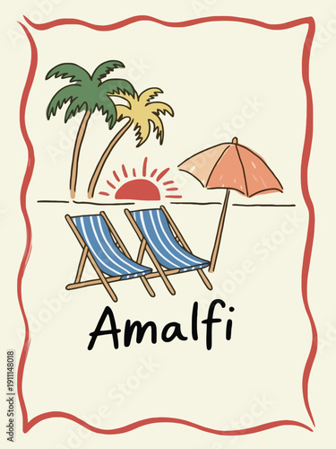 Whimsical Amalfi Coast Beach Illustration with Red Wavy Frame, Hand Drawn Sunset, Palm Trees, Striped Beach Chairs, and Peach Umbrella on Cream Background.