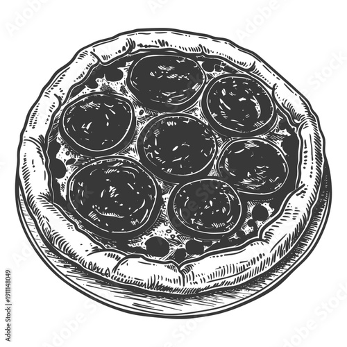 A round pizza with pepperoni shown in grayscale sketch art