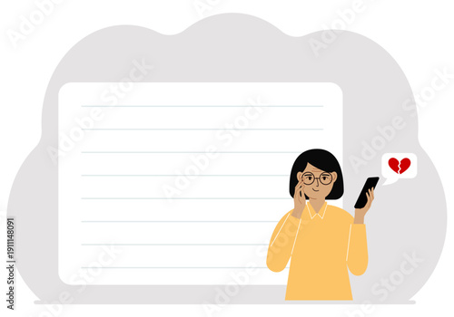Woman reading a message on his mobile phone. Message with a broken red heart. Vector