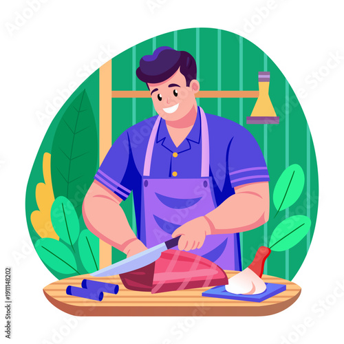 Flat style illustration of a butcher cutting meat