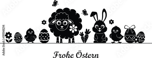 Easter greeting card with cartoon animals and eggs