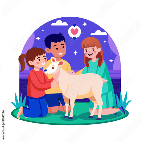 Flat style illustration showing kids petting goat