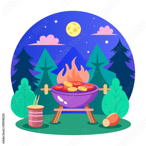 A flat style illustration showing meat cooking