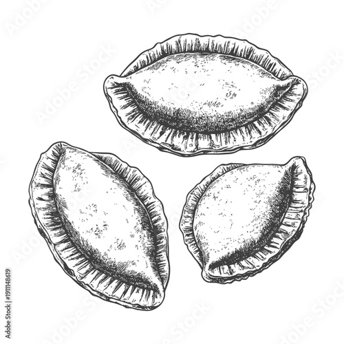 Three dumplings are illustrated in a black and white image