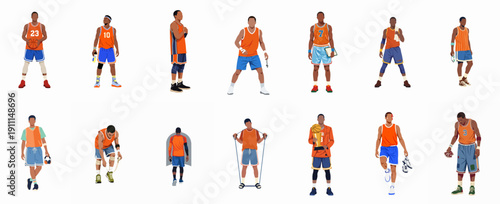A collection of diverse flat illustrations showcasing African American basketball players in action, training, and victory, isolated on white background.