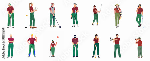 Diverse Male and Female Golfers Set Vector Illustration: Players Swinging, Putting, Keeping Score, and Preparing for Competition in Classic Sportswear.