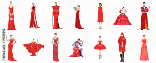Diverse collection of stylized vector illustrations of figures in various red outfits, including formal gowns, fashion looks, fantasy armor, and performance costumes.