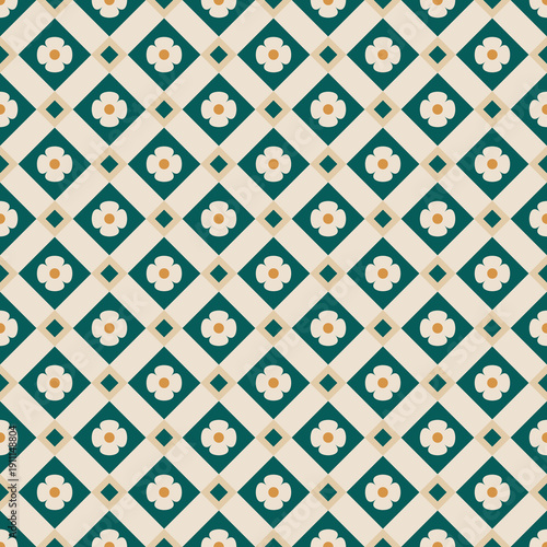 Seamless pattern with emerald teal floral diamond tile. Retro geometric repeating motif with cream flowers and mustard accents for luxury branding, wallpaper, and textile design