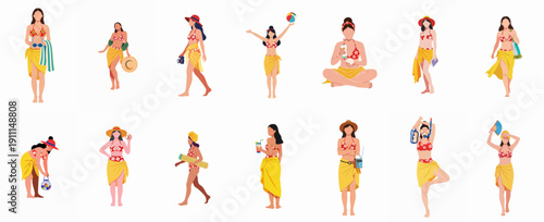 Flat vector illustration set of women wearing bikinis and sarongs, engaging in various summer beach vacation and holiday activities isolated on white background.