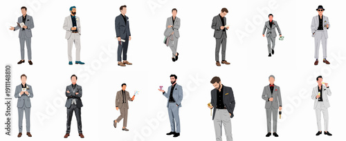 Stylish collection of illustrated businessmen and gentlemen in elegant gray suits for formal events and celebrations, isolated on white.