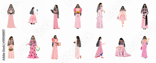 Collection of stylish women illustrations wearing pink lace gowns and black veils, representing fashion, elegance, and celebratory occasions.