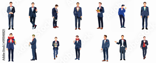 Elegant vector set of men in formal dark blue suits and tuxedos, showcasing various gestures and props for weddings, celebrations, and special occasions.