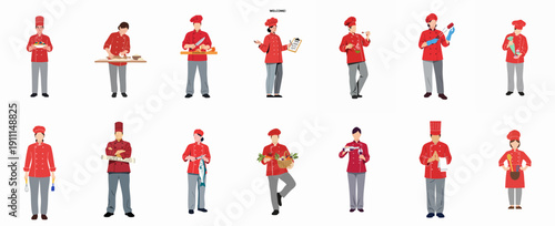Diverse set of flat vector illustrations showcasing male and female professional chefs in red uniforms performing various kitchen activities like cooking, baking, serving, and prep work.
