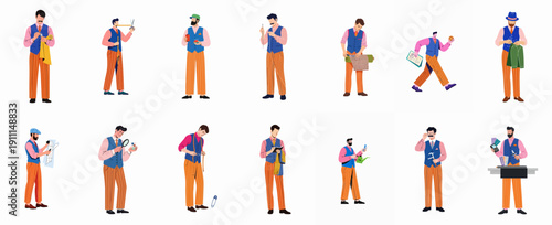 Diverse set of professional tailors, seamsters, and fashion designers engaging in various stages of clothing creation and sewing, flat vector illustration bundle.