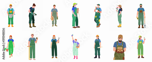 Collection of diverse farmers and gardeners working, harvesting, and planting, illustrating agricultural labor, food production, and horticulture.