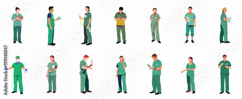 Diverse collection of medical professionals, including doctors and nurses in green scrubs, performing various healthcare tasks. Flat vector illustration set.