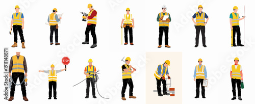 Vector set of construction workers and tradesmen wearing PPE, illustrating various job roles, tools, and building industry tasks.