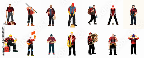 Diverse set of lumberjack and construction worker illustrations displaying manual labor, forestry, and rugged outdoor activities with tools on a white background.
