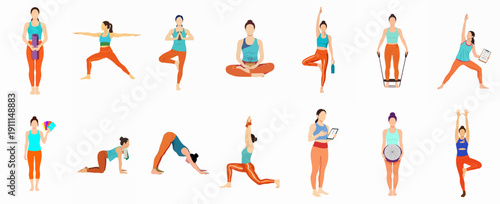 Yoga poses and fitness exercises collection featuring a woman using accessories like mats, resistance bands, and meditation props.