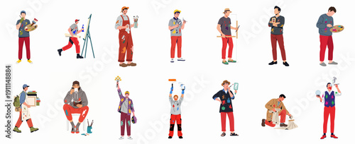 Diverse collection of male artists, painters, and decorators in various poses and activities, illustrating creative professions and artistic work.
