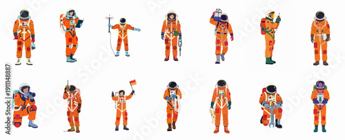Collection of astronauts in orange spacesuits conducting space exploration, scientific research, and repair activities, isolated on white background.