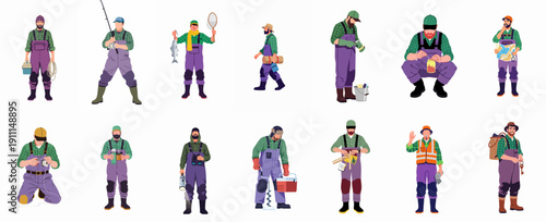 Fishermen Characters Set: Various Poses and Actions Related to Angling, Outdoor Sport, Preparation, and Adventure.