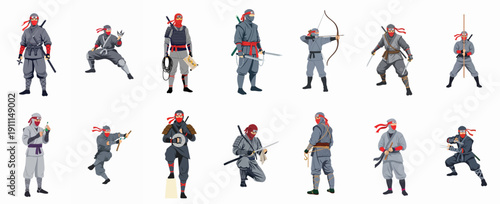 Japanese Ninja Character Set: Cartoon Vector Collection of Shinobi Warriors with Swords, Shurikens, and Traditional Weapons.