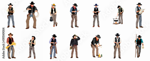 Wild West Cowboy Characters Vector Set. Men in traditional western attire performing various actions and activities, isolated on white background.